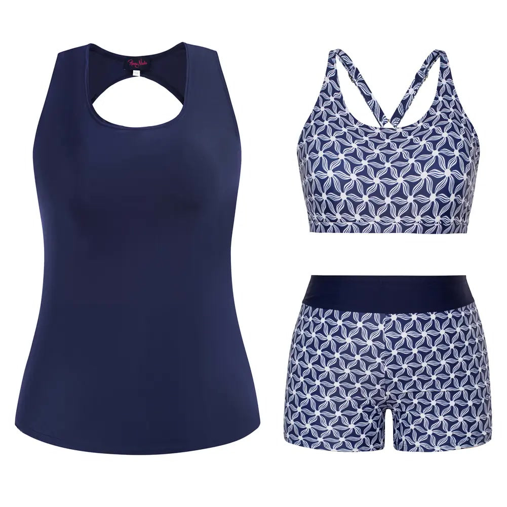 Tankini-Set – 3-teilig, Plus Size Tummy-Control - 13#