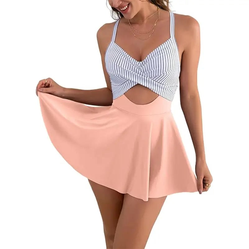 Badekleid – Cutout Einteiler mit Röckchen - Stripe,pink