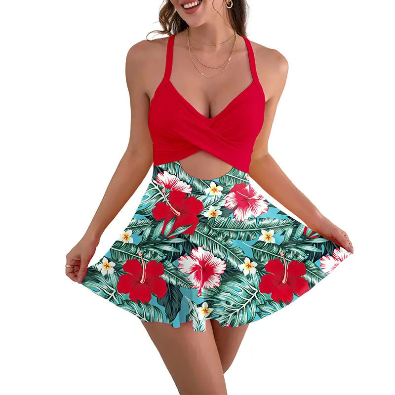 Badekleid – Cutout Einteiler mit Röckchen - Red,floral