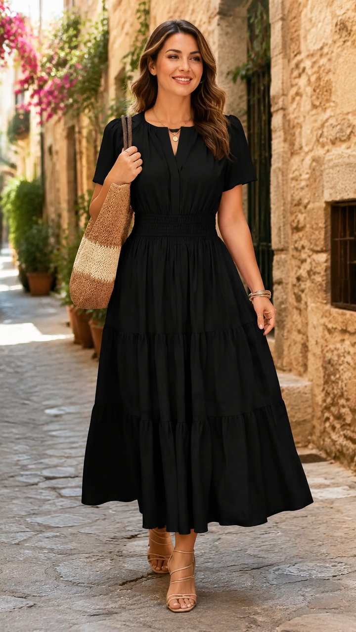 Maxikleid – Leichtes Sommerkleid mit Taschen - Black getragen