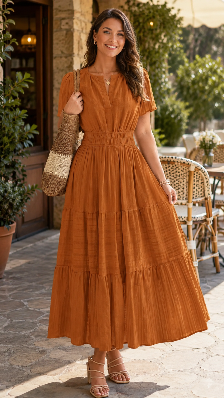 Maxikleid – Leichtes Sommerkleid mit Taschen - Brown Orange getragen