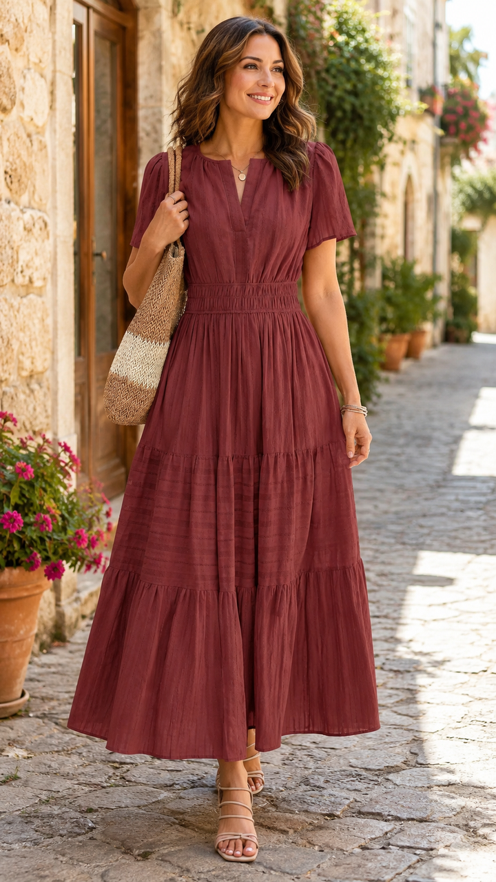 Maxikleid – Leichtes Sommerkleid mit Taschen - Brown Red getragen