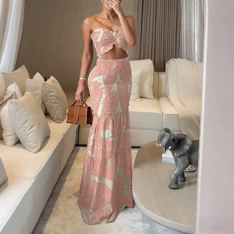 Maxikleid – Tropical Floral mit Smok-Bund - Pink