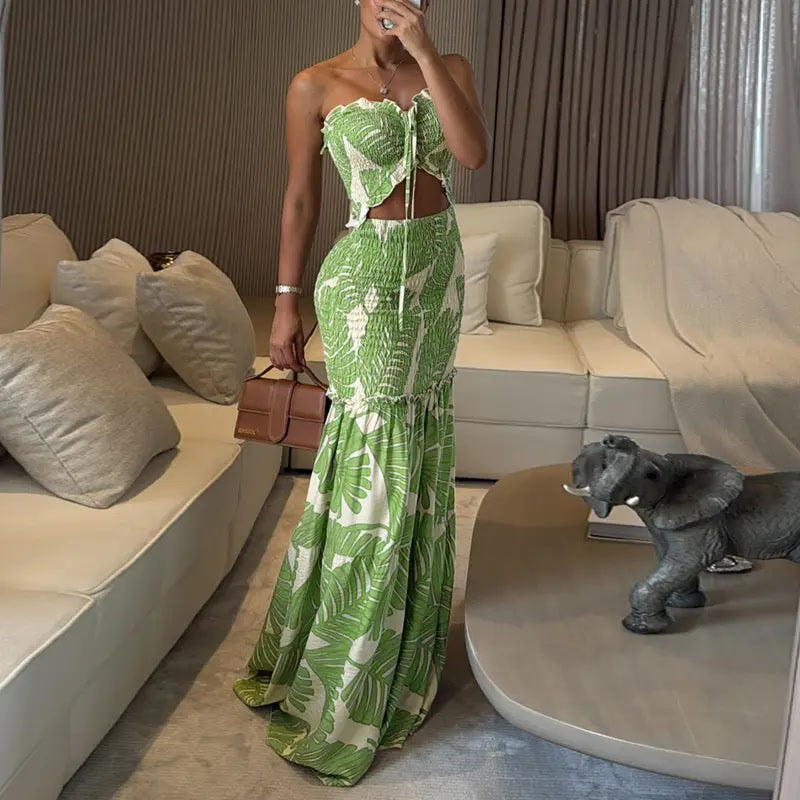Maxikleid – Tropical Floral mit Smok-Bund - Green