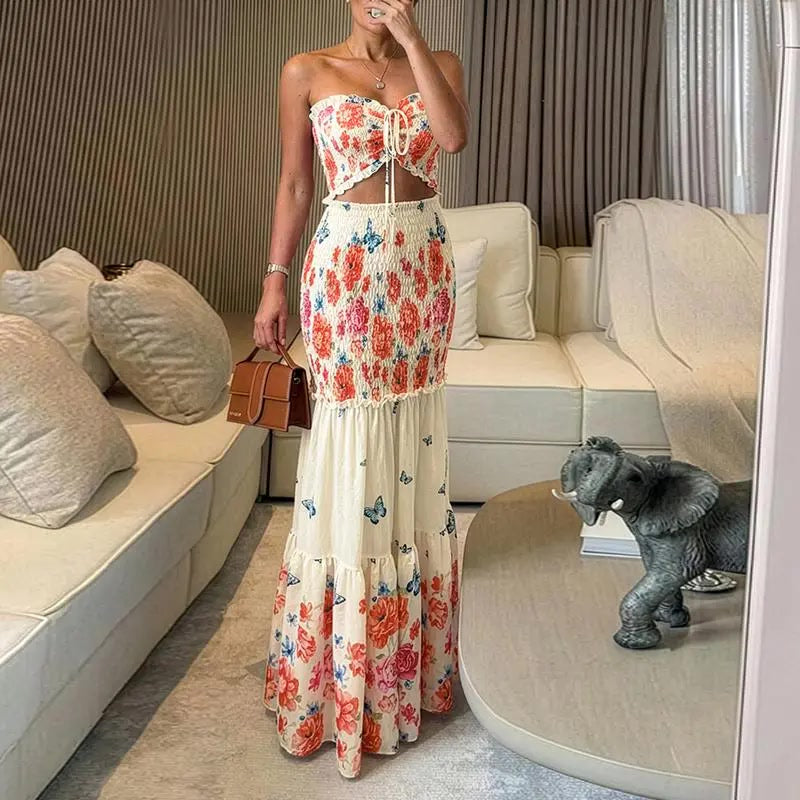 Maxikleid – Tropical Floral mit Smok-Bund - Style5-Apricot