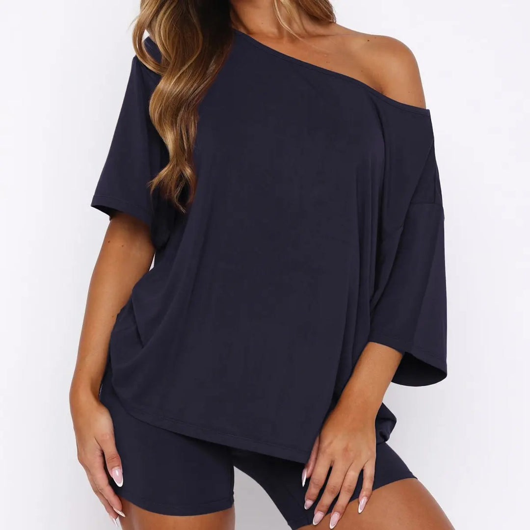 Loungewear-Set – Off-Shoulder Top &amp; Shorts - Navy