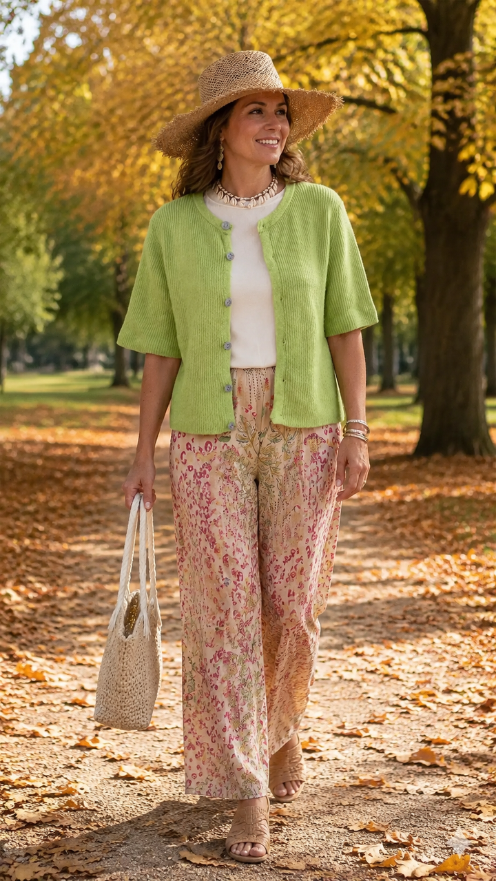 Strickjacke – Kurzarm Cardigan mit Rundhals - Green getragen