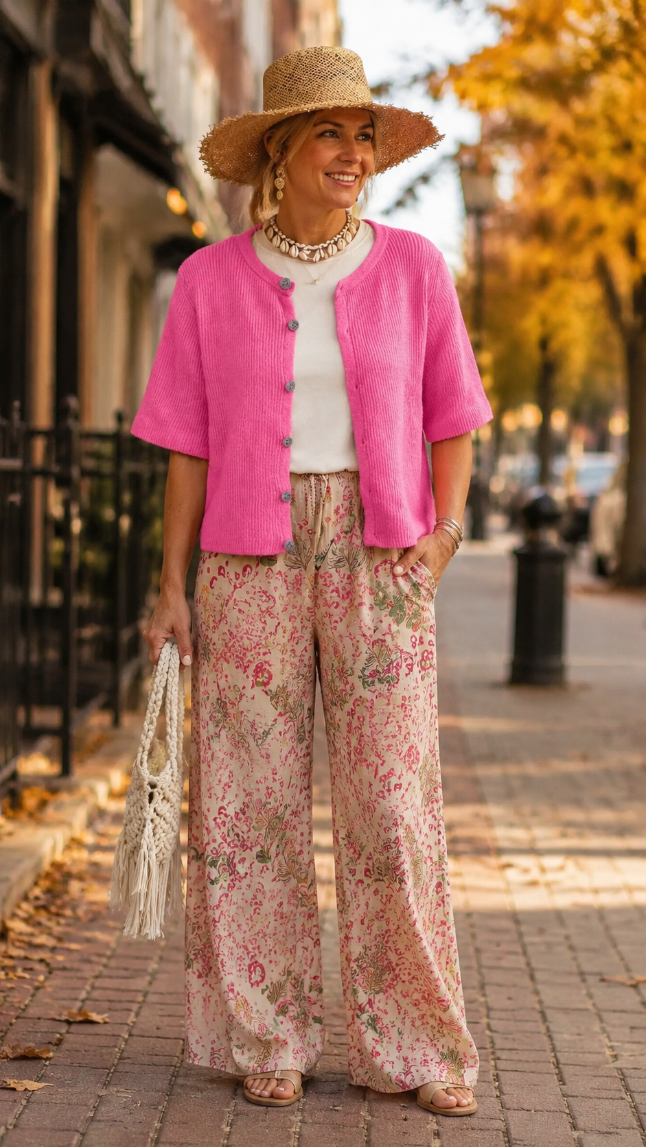 Strickjacke – Kurzarm Cardigan mit Rundhals - HotPink getragen