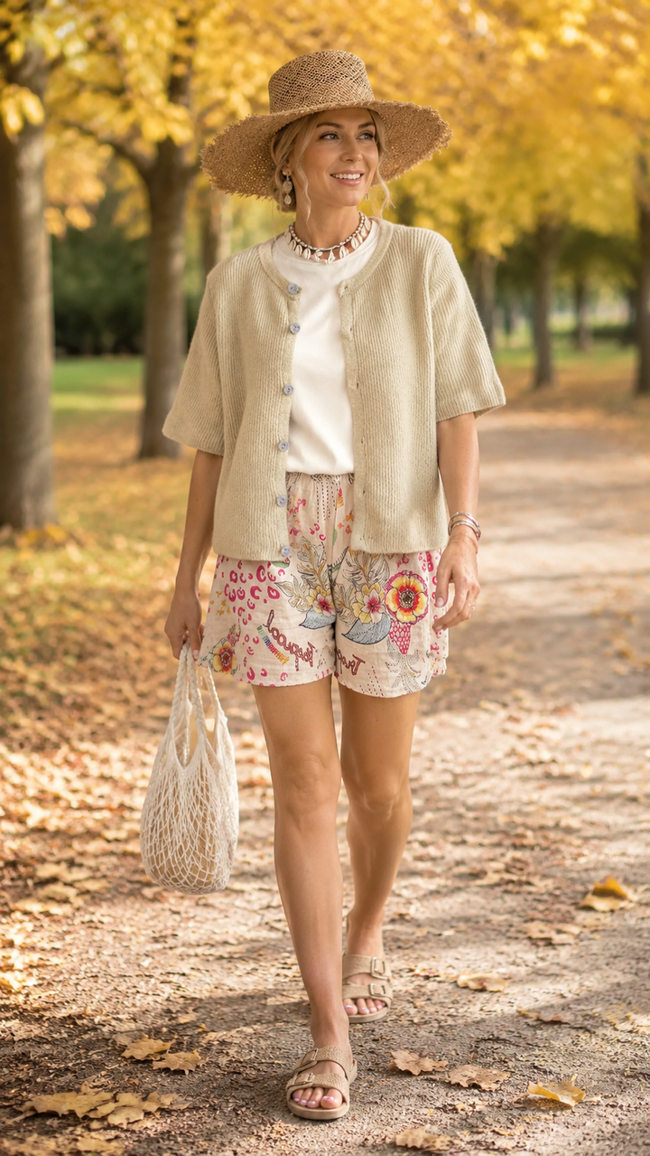 Strickjacke – Kurzarm Cardigan mit Rundhals - Khaki getragen