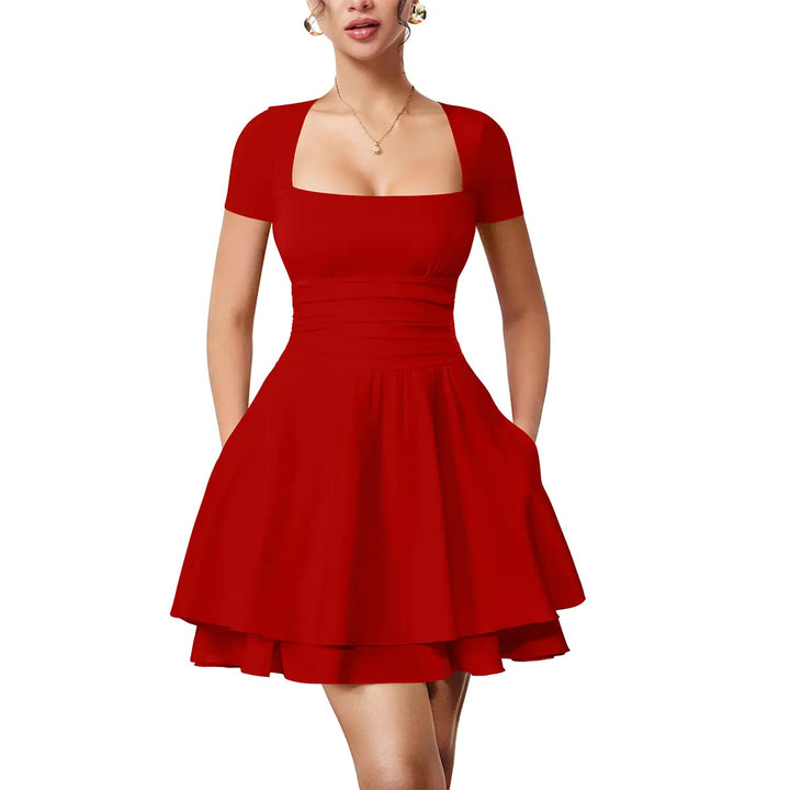 Minikleid – Carré-Ausschnitt mit Rüschensaum - Red