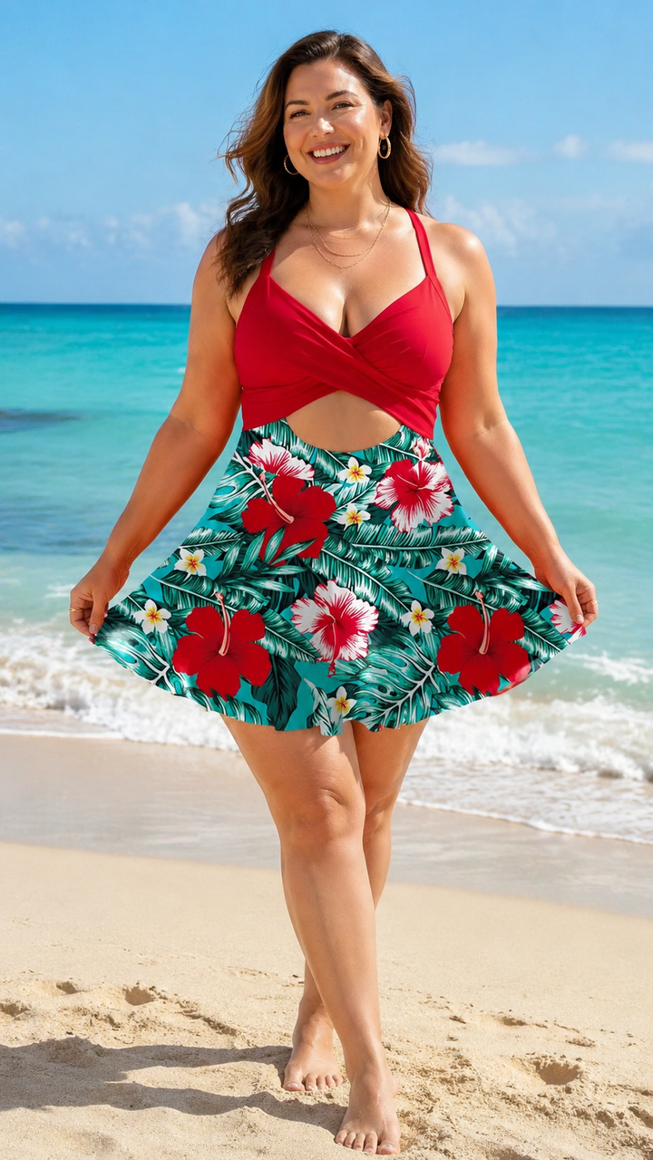 Badekleid – Cutout Einteiler mit Röckchen - Red,floral getragen