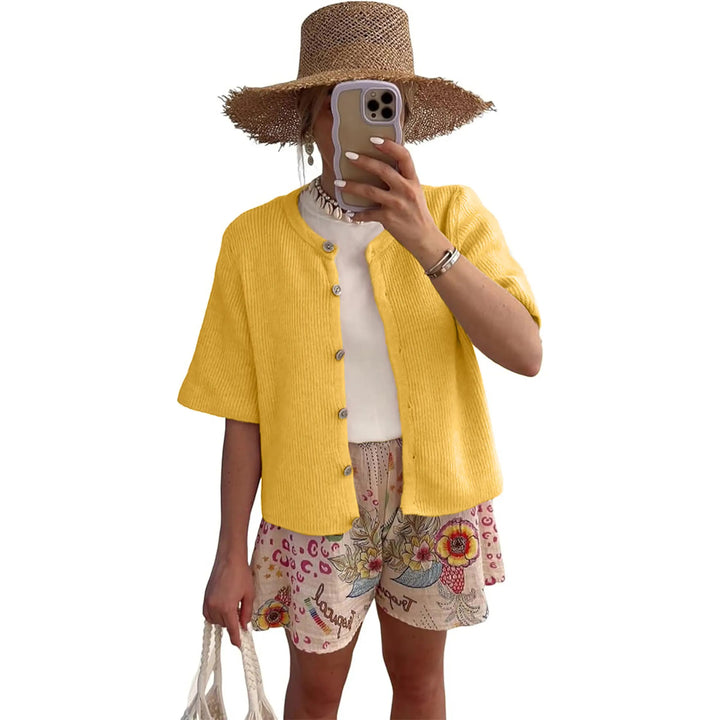 Strickjacke – Kurzarm Cardigan mit Rundhals - Yellow