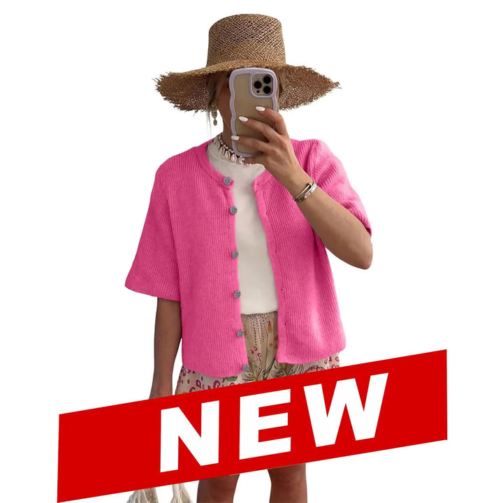 Strickjacke – Kurzarm Cardigan mit Rundhals - HotPink