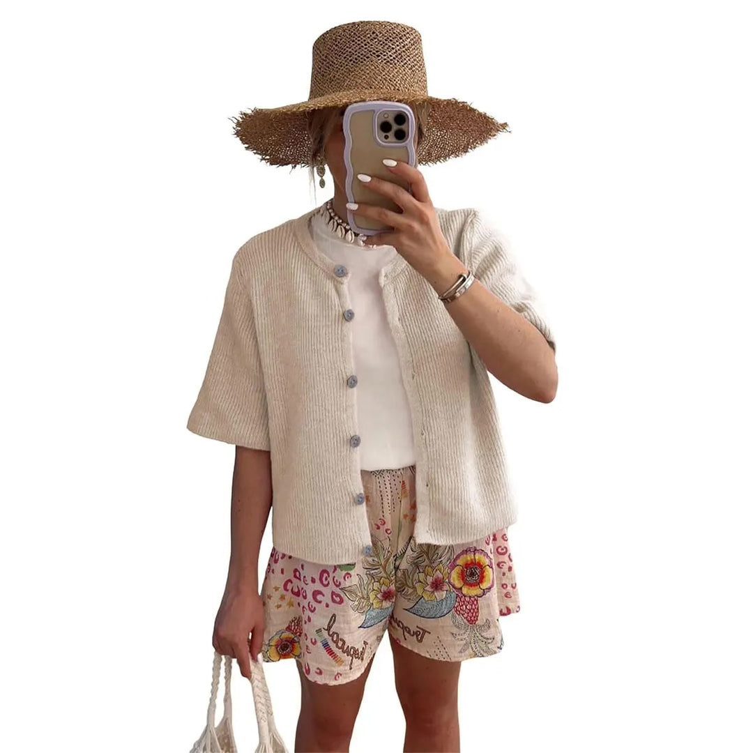 Strickjacke – Kurzarm Cardigan mit Rundhals - Cream