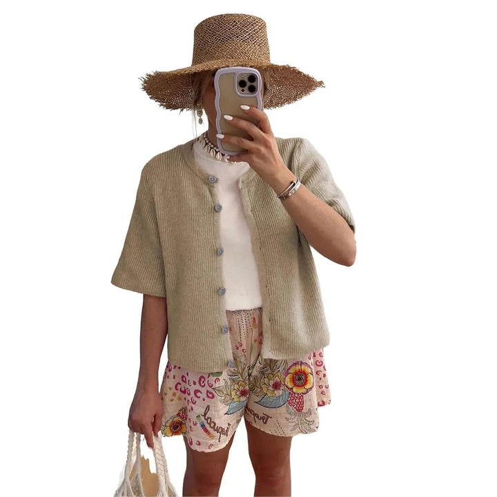 Strickjacke – Kurzarm Cardigan mit Rundhals - Khaki