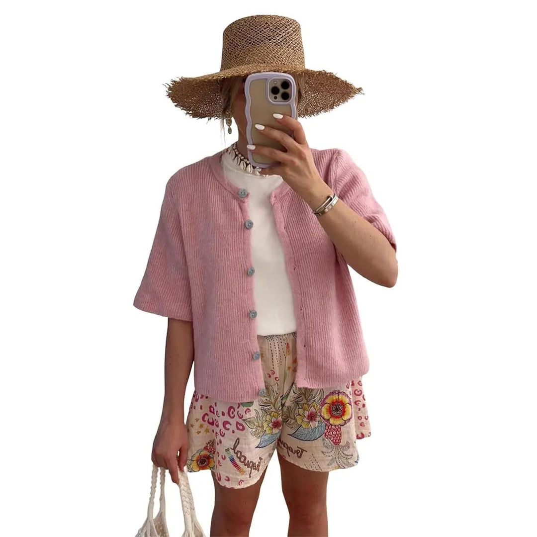 Strickjacke – Kurzarm Cardigan mit Rundhals - Pink