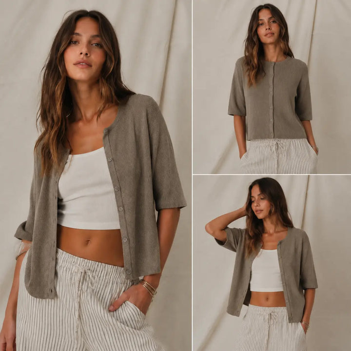 Strickjacke – Kurzarm Cardigan mit Rundhals - Lifestyle