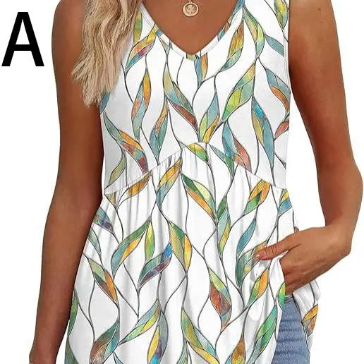 Peplum-Top – Fließendes ärmelloses Sommertop - N-leaf Print