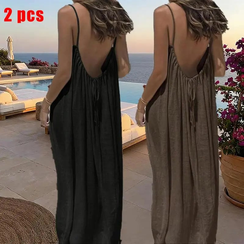 Sommerkleid – Ärmelloses Cami-Maxikleid - 2pcs black/brown