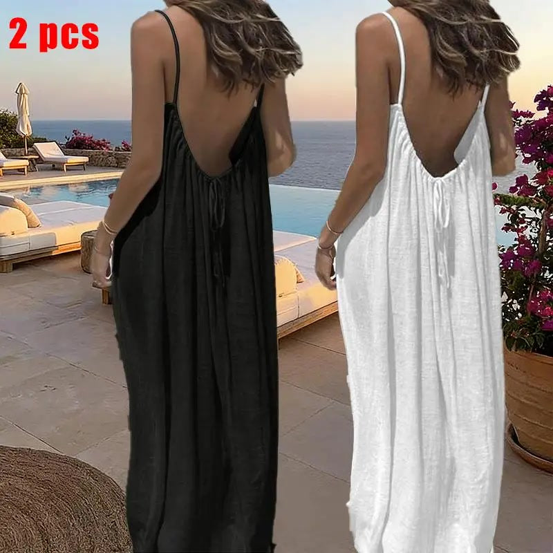 Sommerkleid – Ärmelloses Cami-Maxikleid - 2pcs black/White