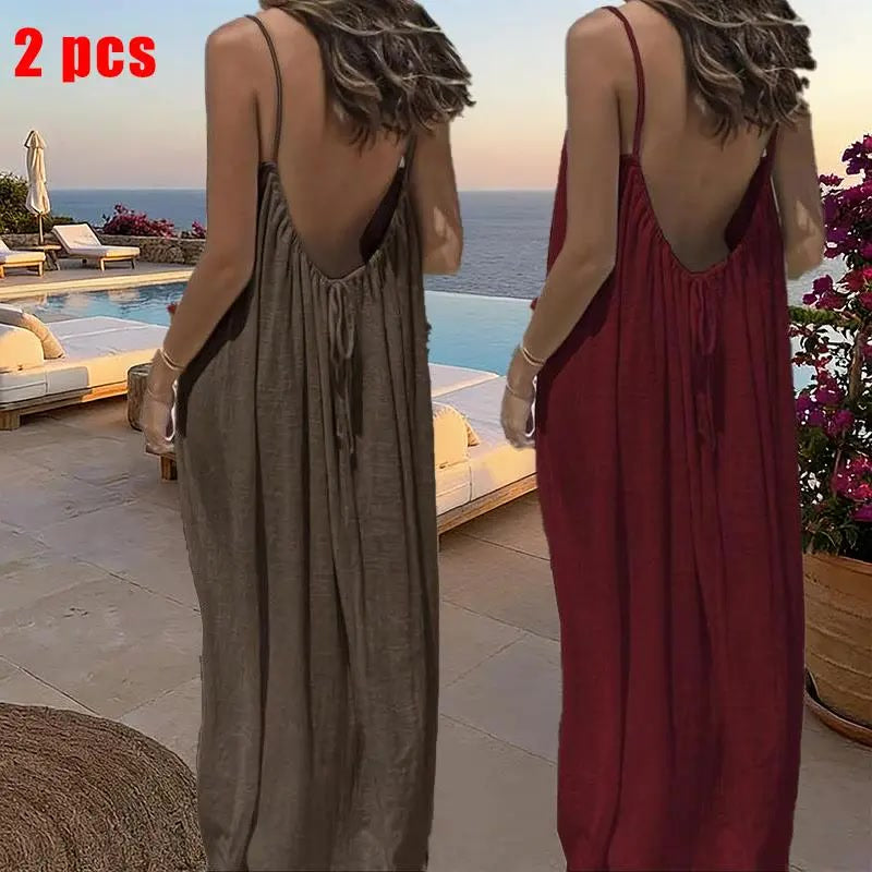 Sommerkleid – Ärmelloses Cami-Maxikleid - 2pcs brown/Burgundy
