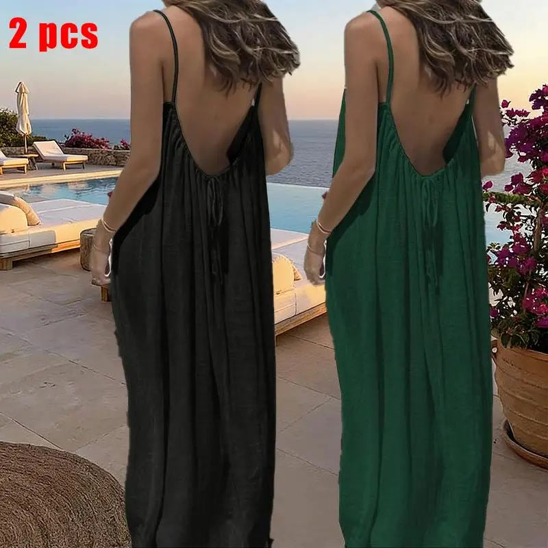 Sommerkleid – Ärmelloses Cami-Maxikleid - 2pcs black/Dark Green