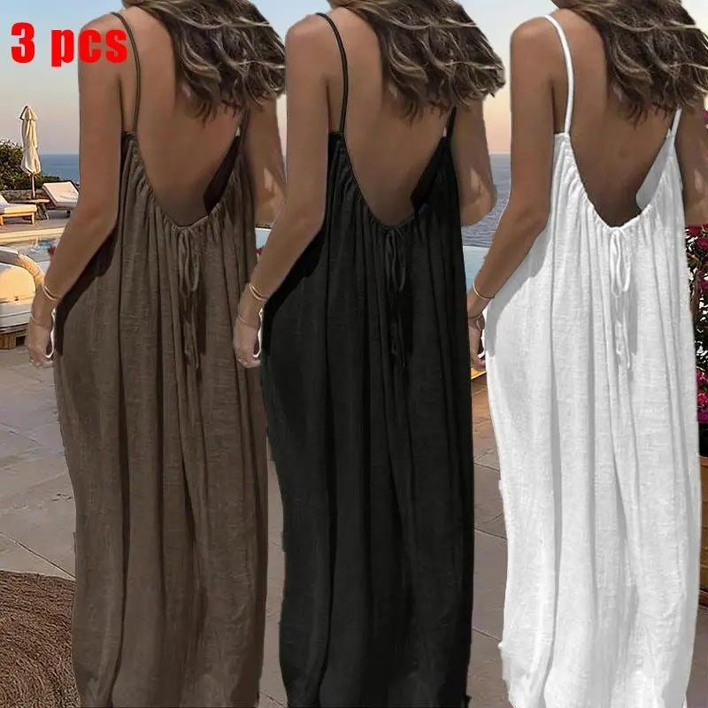 Sommerkleid – Ärmelloses Cami-Maxikleid - 3pcs black/White/brown